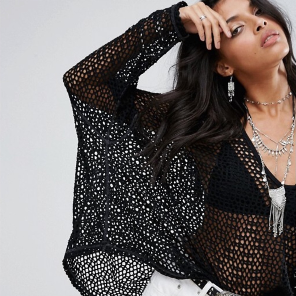 Free People Black Oversized Crochet Knit Sweater - Picture 4 of 5